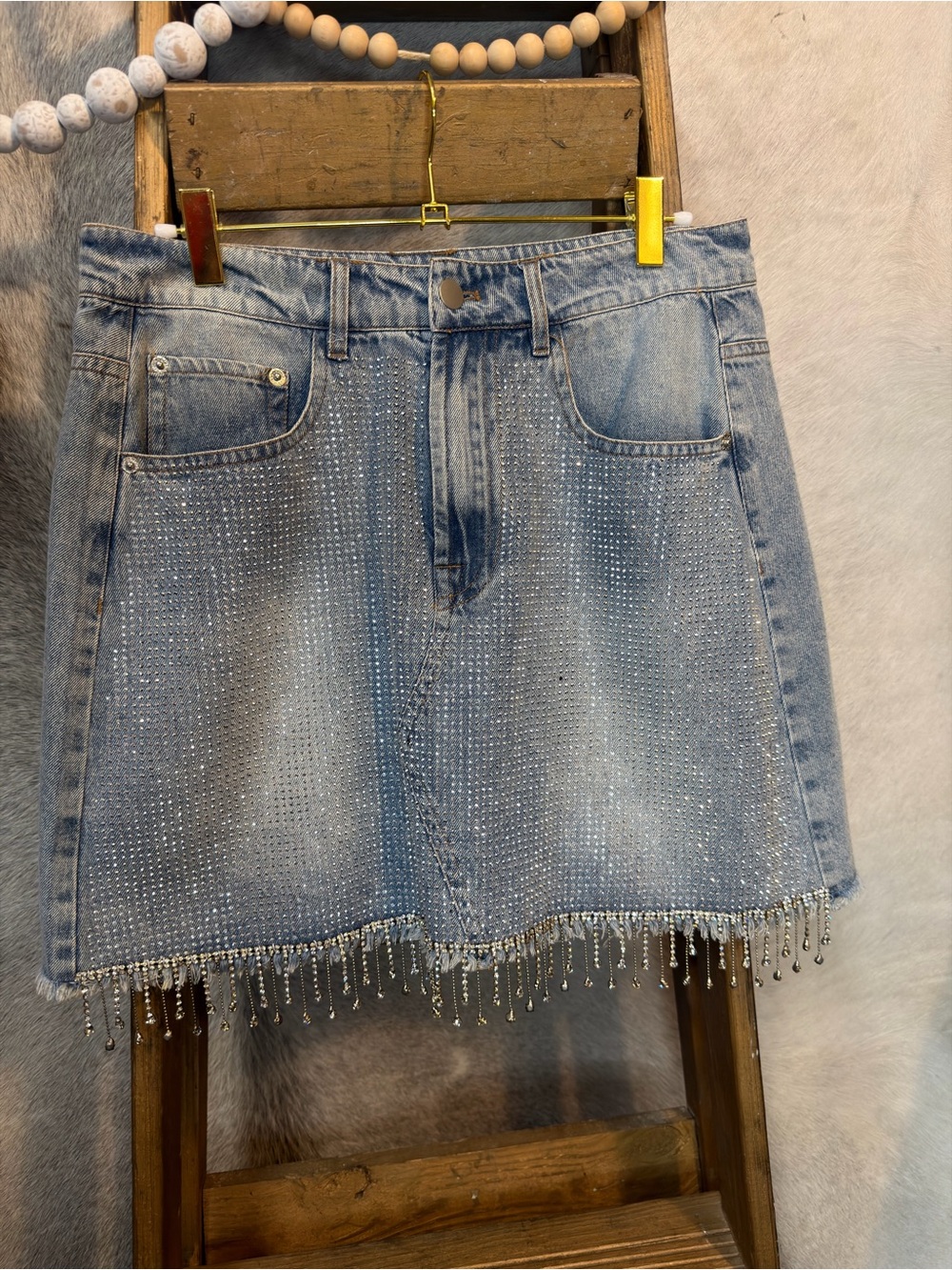 Geegee Light Blue Embellished Denim Mini Skirt with Beaded Fringe - Picture 1 of 5